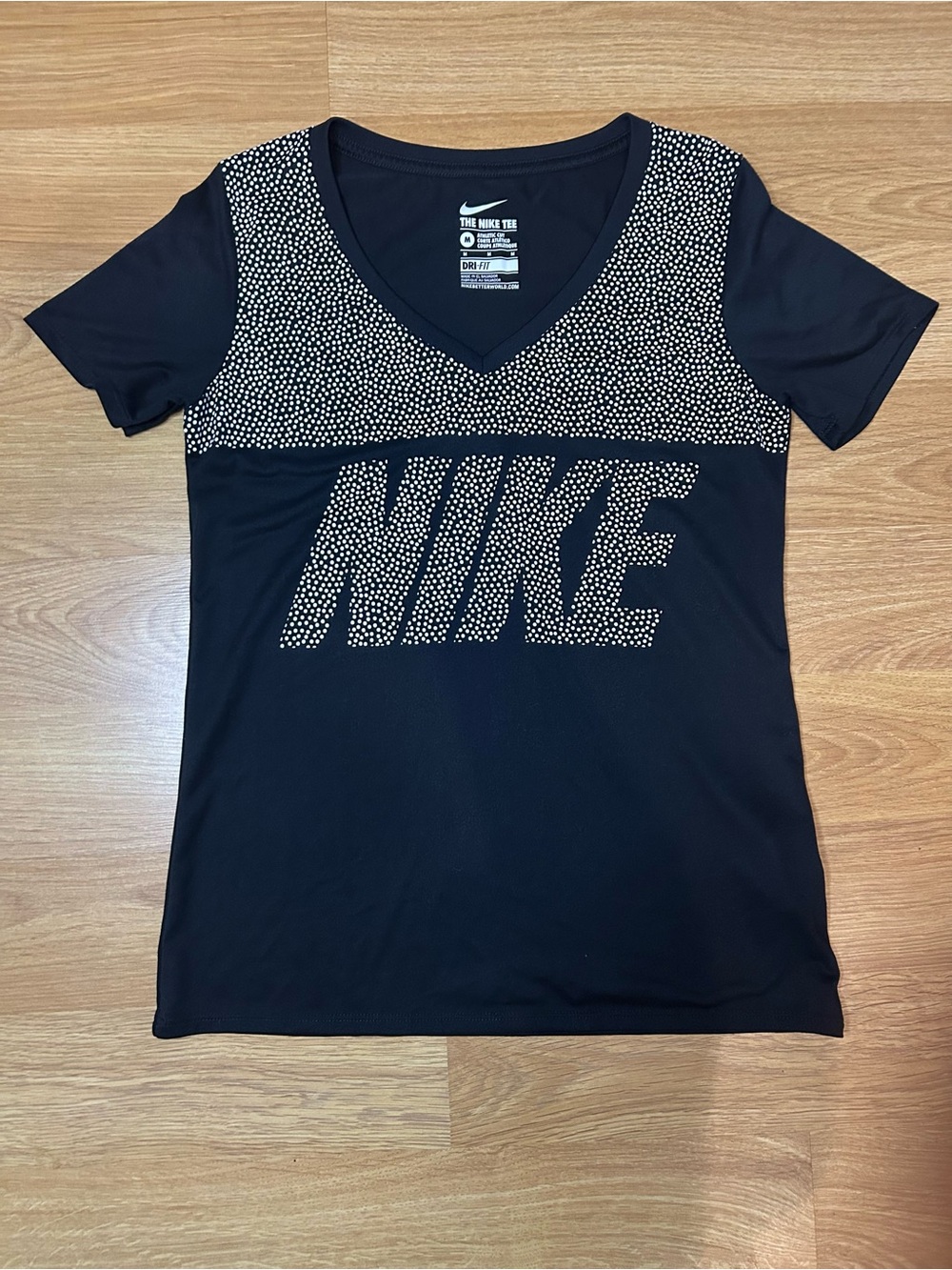 Nike Black Short-Sleeve V-Neck Top with White Dot Logo